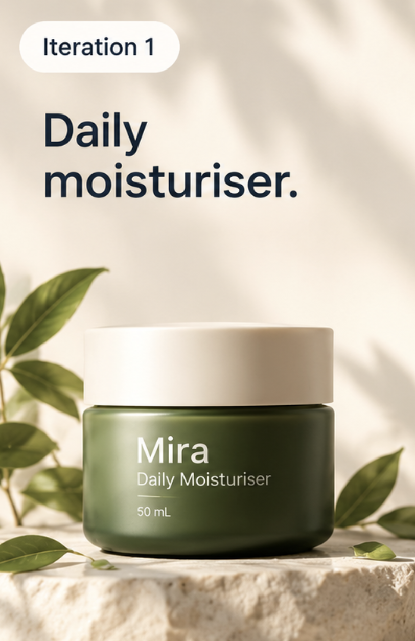 Illustrative Mira moisturiser, round 1: Daily moisturiser. plain studio pack shot